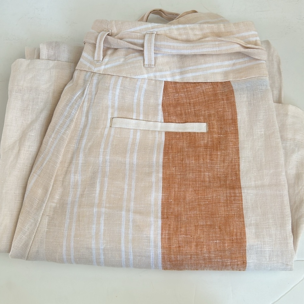 Ett:twa by Anthropologie orange stripe tie waist zip close 100% linen pants - Picture 15 of 16